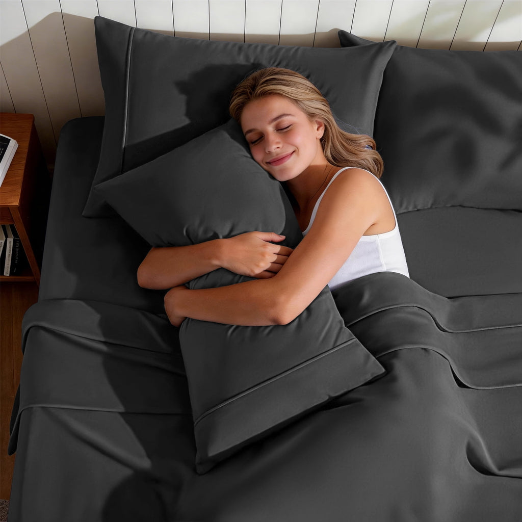 Sheets,Soft Hotel Luxury Polyester Washed Cotton,4 Piece Sheets Set,with 14" Deep Pocket,Dark Gray - Image 3