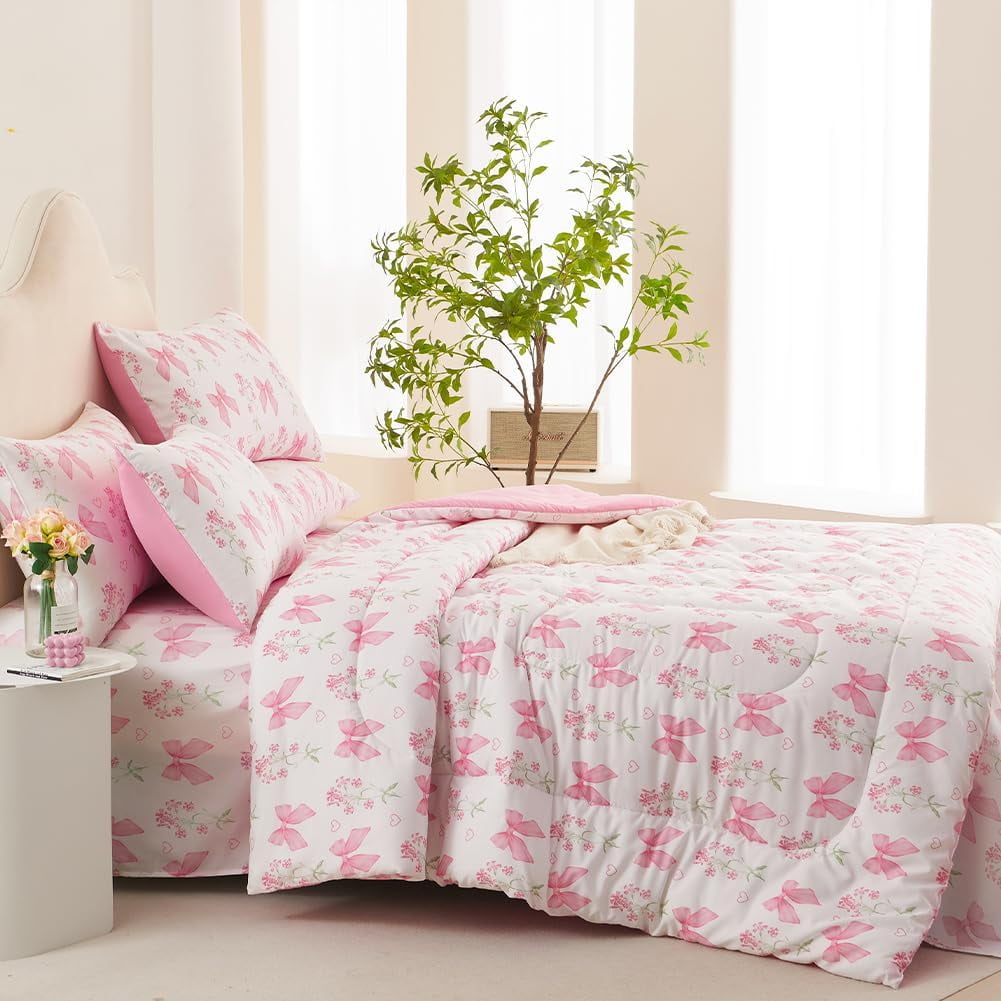 JOLUSERE Pink Bowknot Girls Comforter Set Twin Size, 3 Pieces Bows Princess Style Bedding Set for Girls for All Season - Image 5