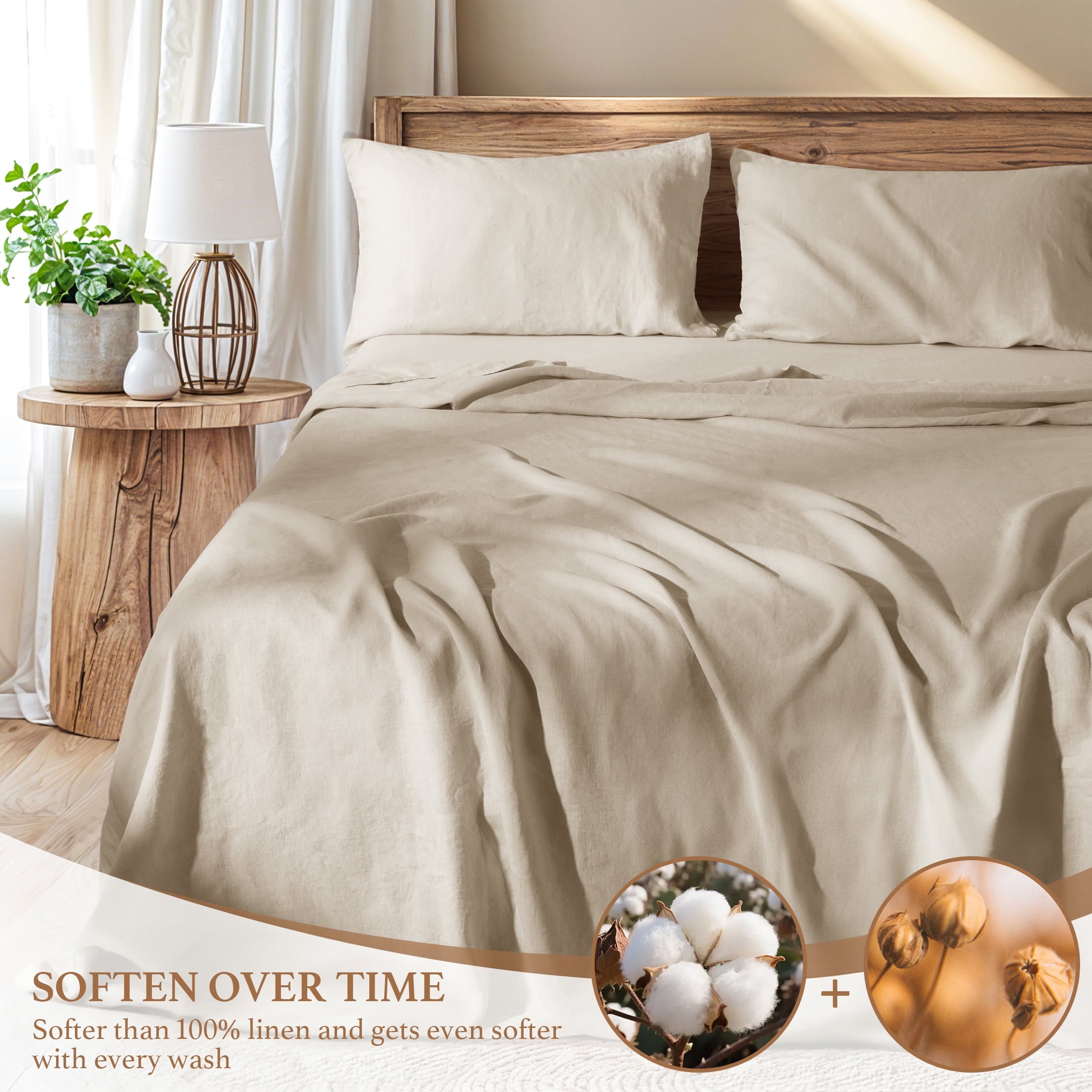 Natural Linen Cotton Bed Sheets Set, Deep Pocket - Breathable - Durable - 4 Pieces (Linen, Queen) - Image 2