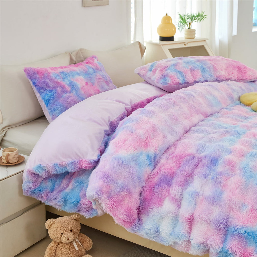 Faux Rabbit Fur Comforter Set Twin 3Pcs Girls Blue Purple Bedding Set Tie-Dyeing Soft Bed Comforter Set Warm Fuzzy Ki... - Image 4