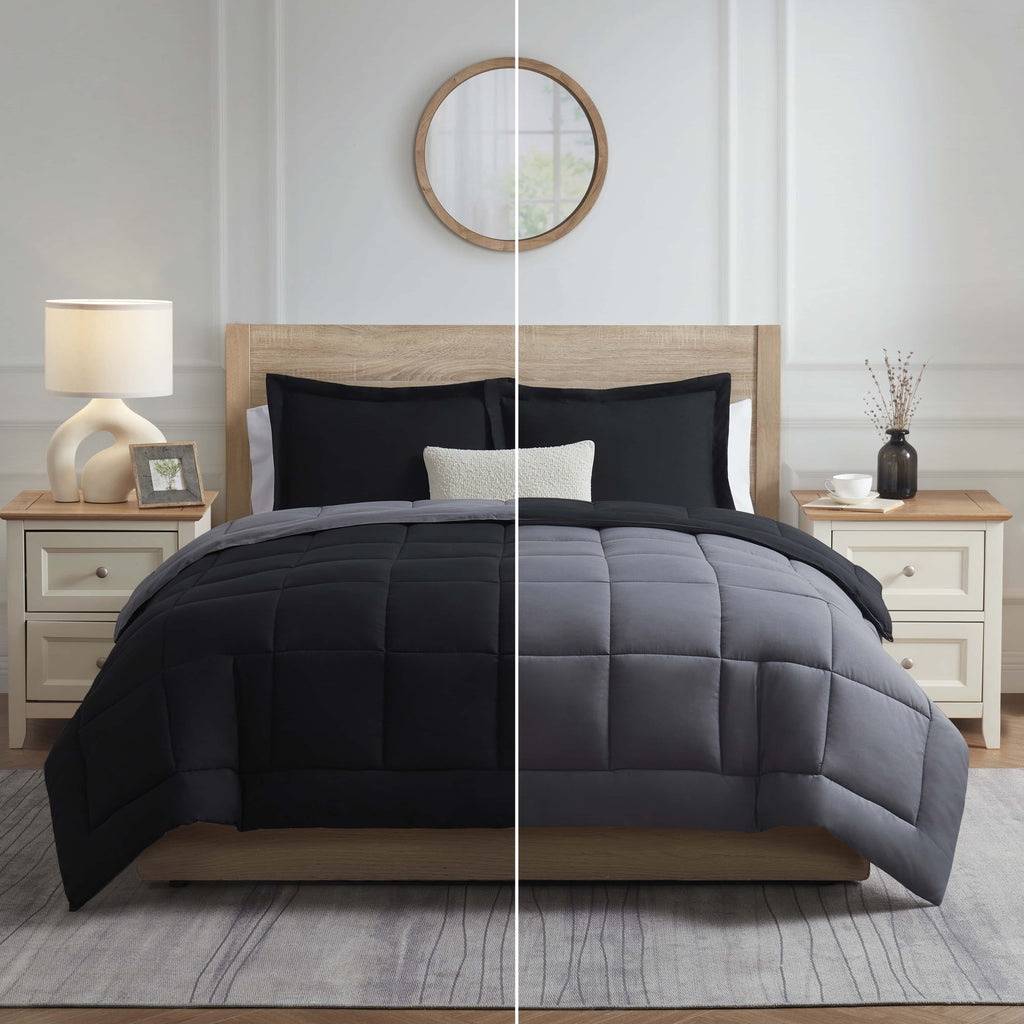 Queen Comforter Set, 3 Piece Bed in a Bag, Reversible Down Alternative Bedding Set, Black & Gray - Image 5
