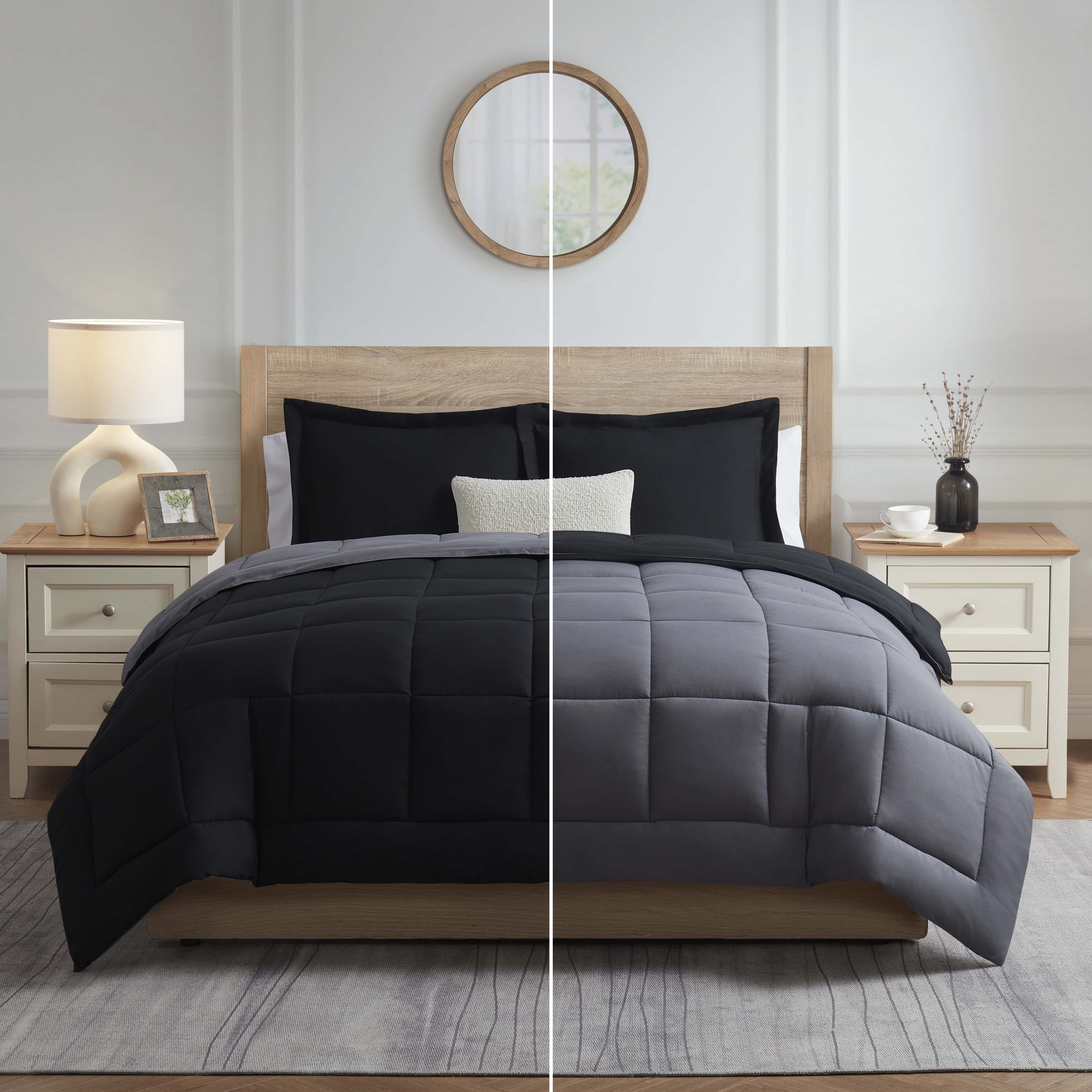 Queen Comforter Set, 3 Piece Bed in a Bag, Reversible Down Alternative Bedding Set, Black & Gray - Image 5