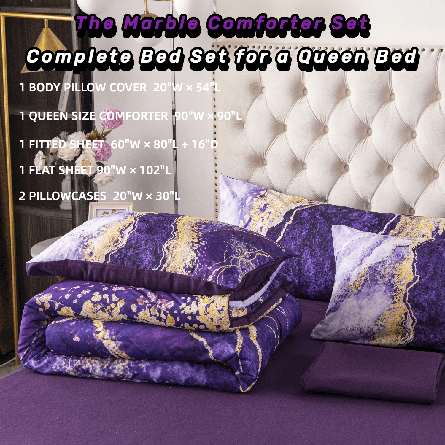 PERFEMET 6 Pieces Queen Size Comforter Set Purple,Watercolor Marble Colorful Purple Bedding,Ultra Soft Purple Bed Set with Comforter and She - Image 4