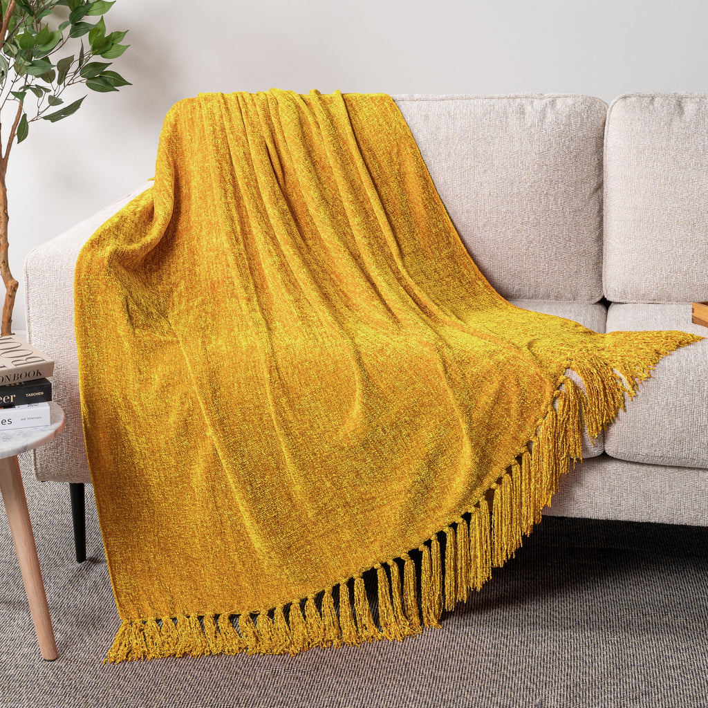 PAVILIA Mustard Yellow Chenille Throw Blanket for Couch, Soft Gold Knit Blanket with Tassel Fringe, Woven Chenille Knitted Decorative Blanke - Image 3