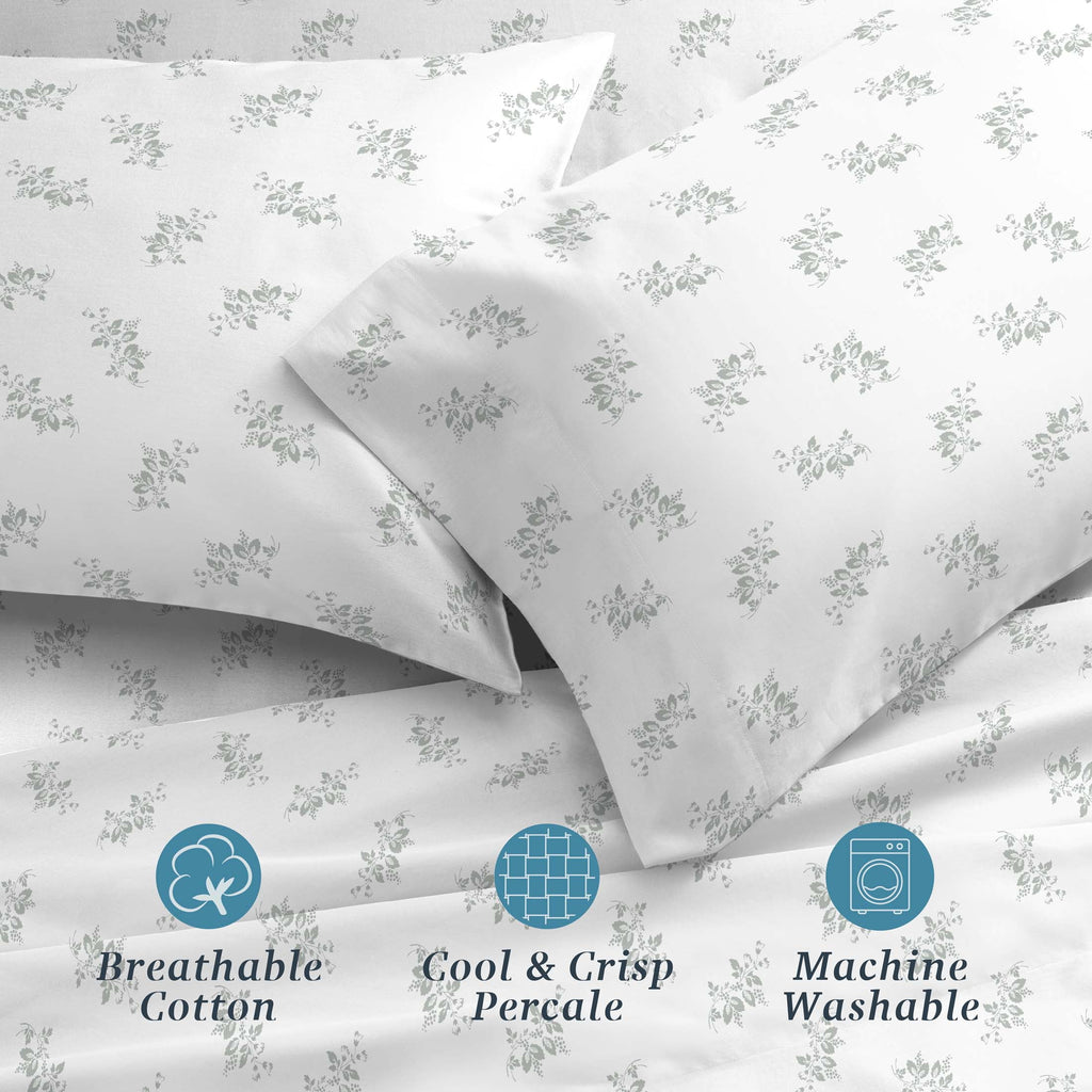 100% Cotton Percale 4-Piece Queen Size Deep Pocket Printed Bed Sheets Set, 1 Fitted, 1 Flat Sheet with 2 Pillowcases,... - Image 6