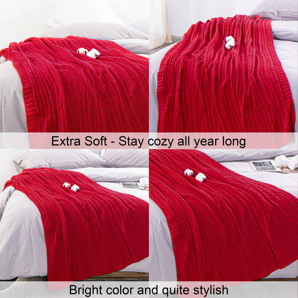 Ntbay 100% Cotton Cable Knit Throw, Super Soft Warm Knitted Blanket Home Decor, 51"x67", Red - Image 3