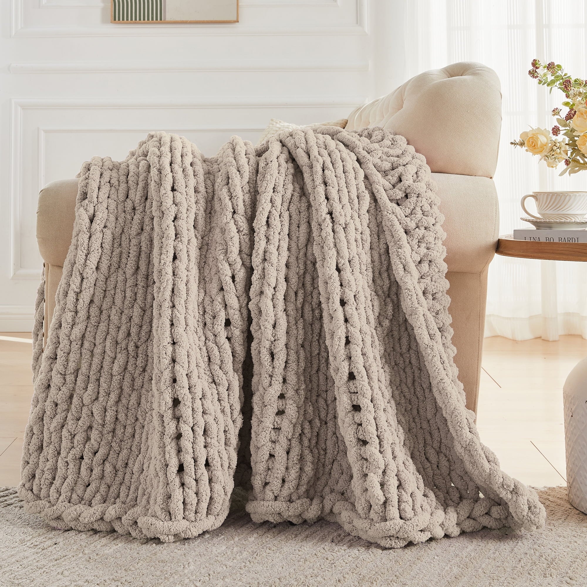 Carriediosa Chunky Knit Throw Blanket Handmade Soft Throws for Couch Sofa Bed, 50" x 60" Taupe - Image 3