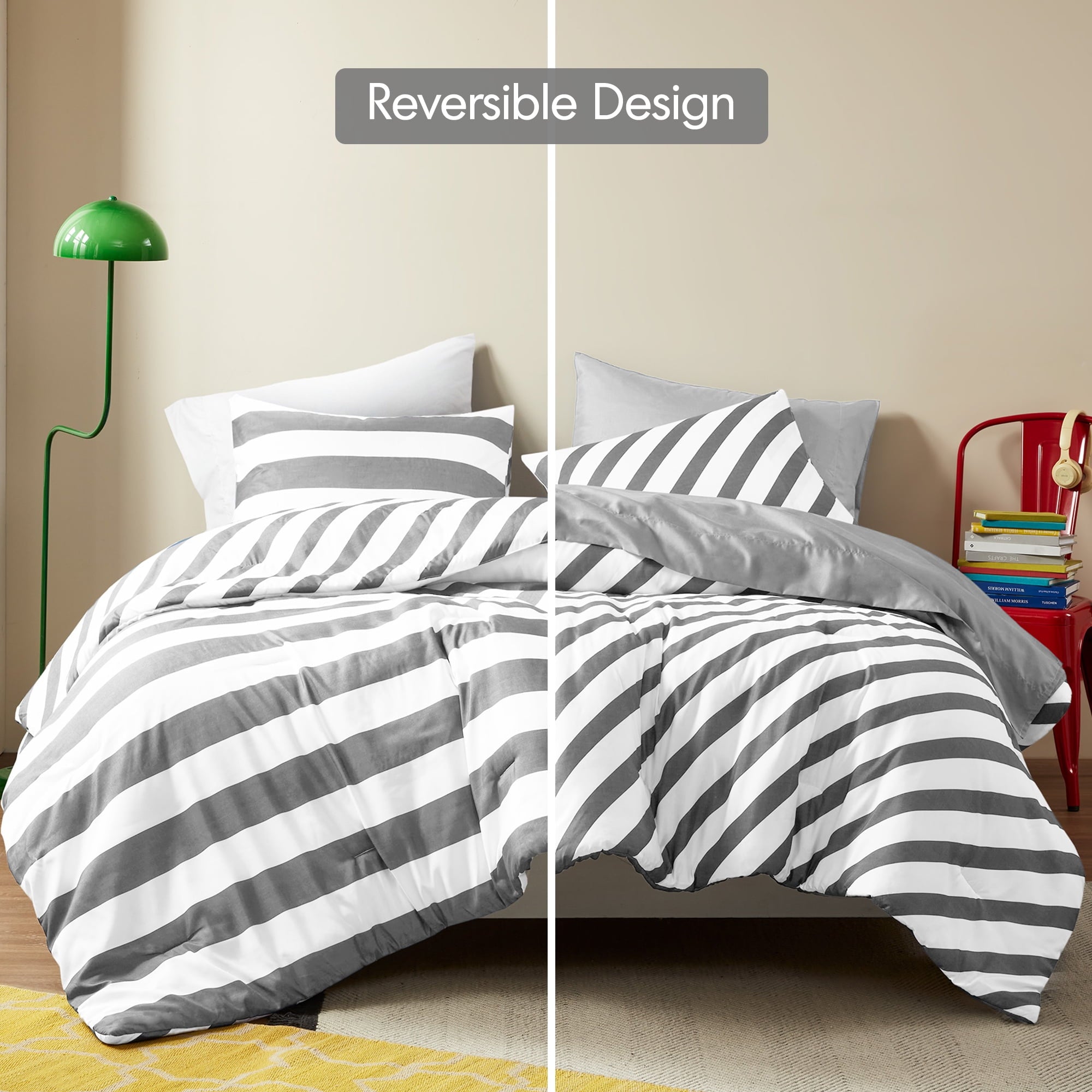 Regency Heights Full/Queen Size Comforter Sets, 3-Piece Bedding Set Full/Queen, Reversible Striped Comforter Bed Set, Charcoal - Image 2
