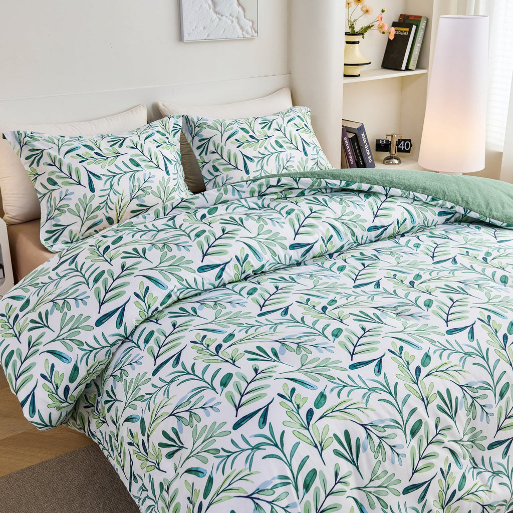 3-Piece Floral Comforter Set King Size, Green and White Botanical, Soft Microfiber All-Season Bedding for Adults & Teens - Image 3