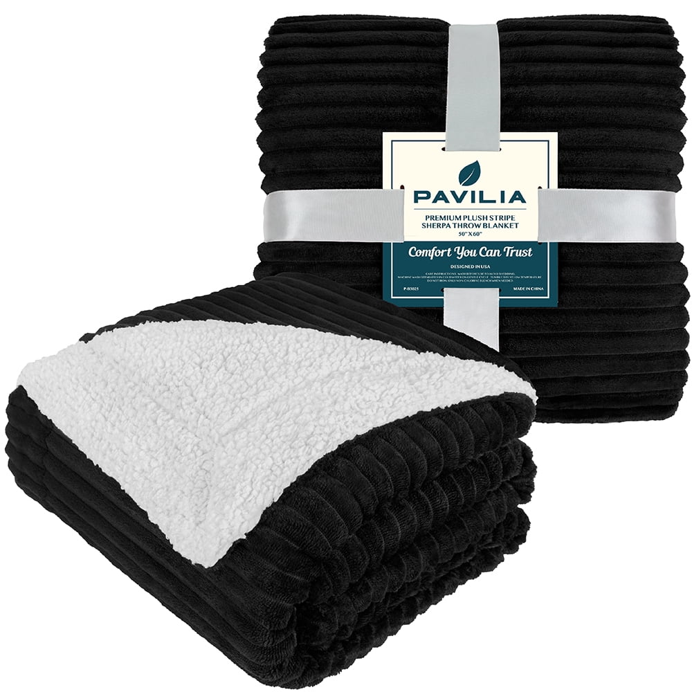 Reversible Sherpa Fleece Throw Blanket Black, Plush Flannel Throw, Ultra Soft Warm Ribbed Microfiber Blanket for Sofa... - Image 2