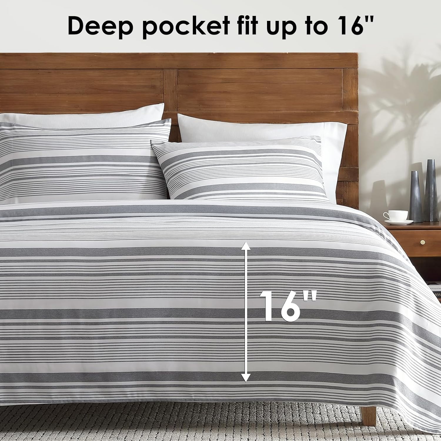 ClevaHome 3-Piece Twin Microfiber Classic Stripe Bed Sheet Set, Super Soft, Breathable Stripe Bedding with 16 inches Deep Pocket, Stone Stri - Image 2