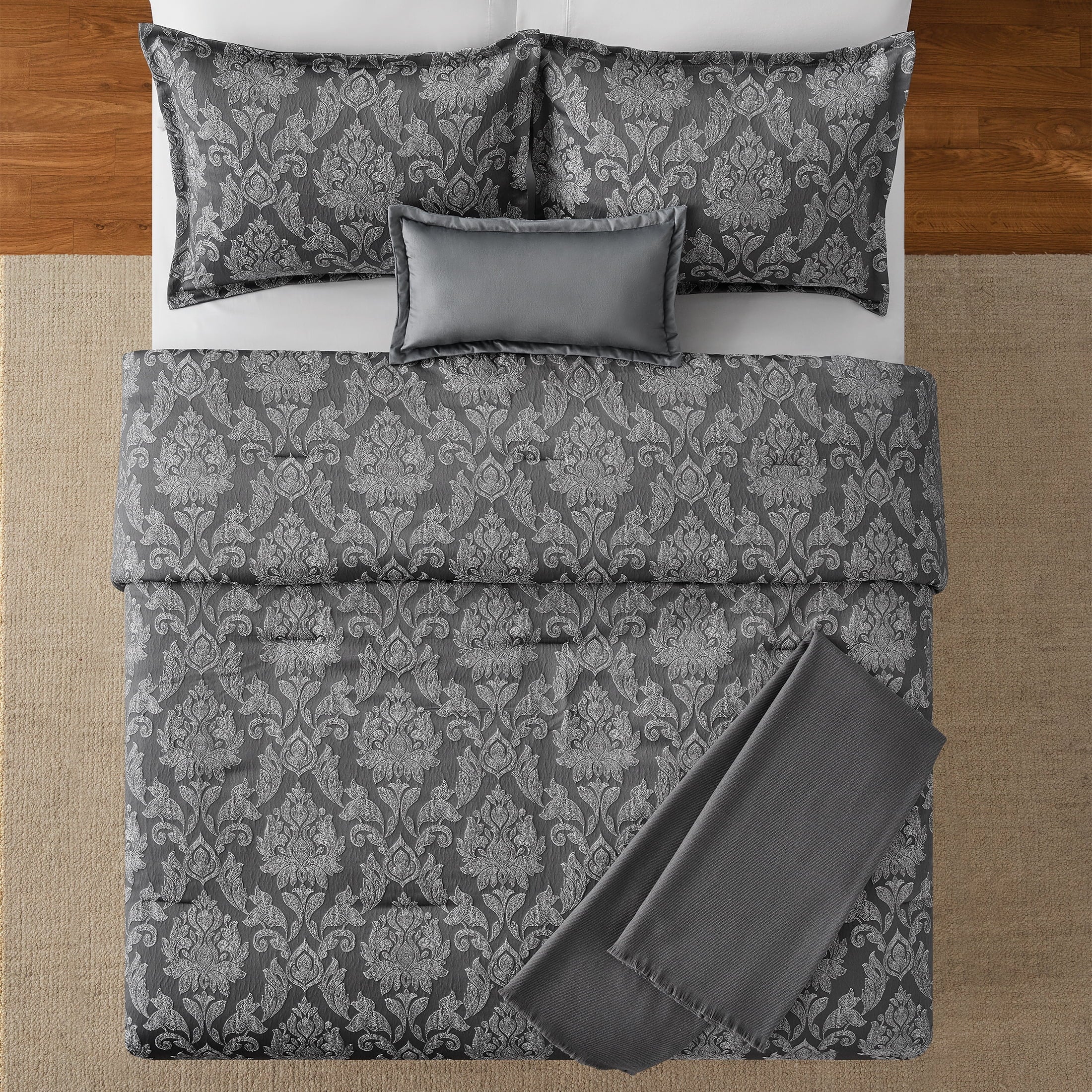 Full/Queen Comforter Set, All-Season, 5-Piece, Grey Jacquard Damask - Image 2