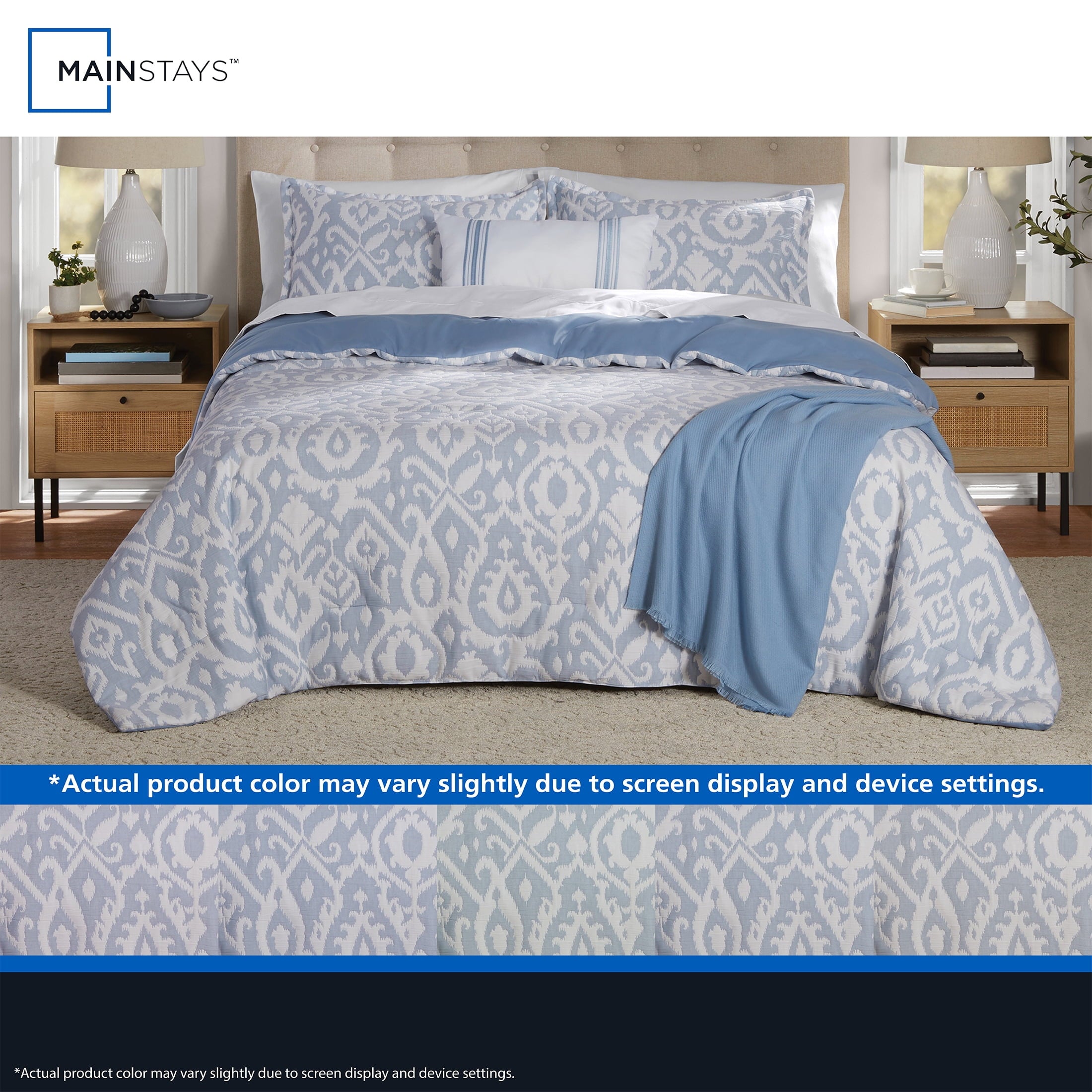 Mainstays Full/Queen Comforter Set, All-Season, 5-Piece, Blue Matelasse Ikat - Image 5
