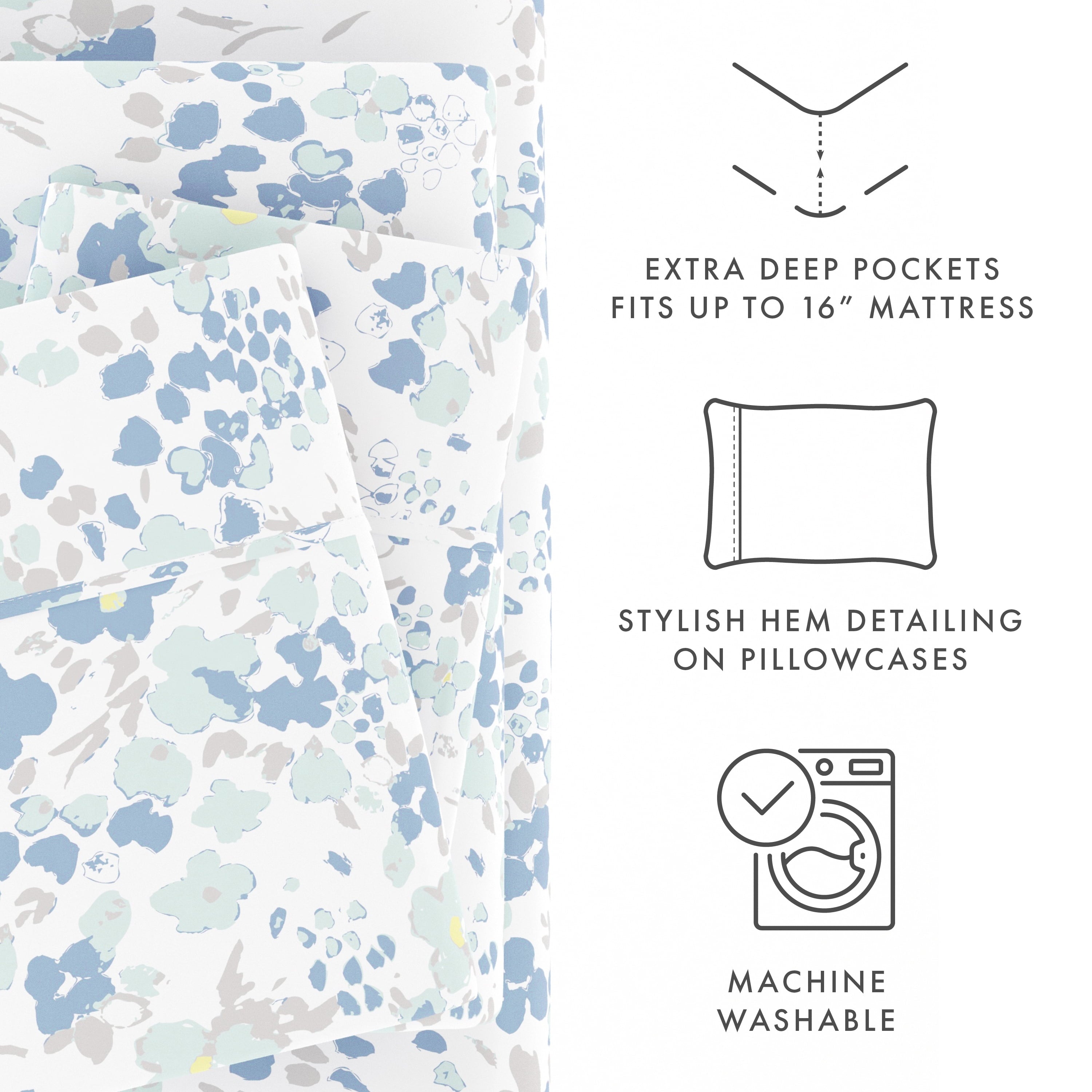 4 Piece Pattern Microfiber Bed Sheets Set, Light Blue Violets, Full - Image 6