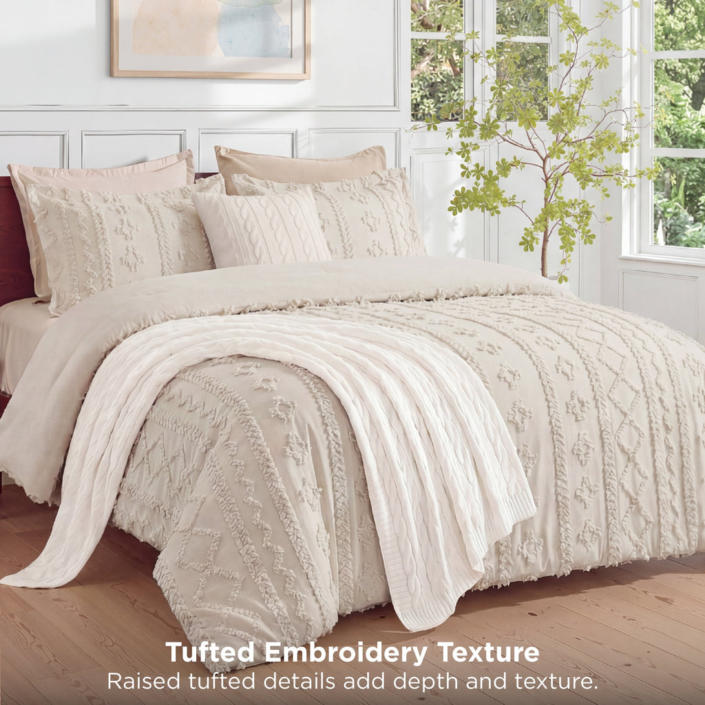 Tufted Boho Comforter Set Queen, Beige, 3 Pieces Farmhouse Shabby Chic Embroidery Bedding Set, Soft Jacquard Comforte... - Image 3
