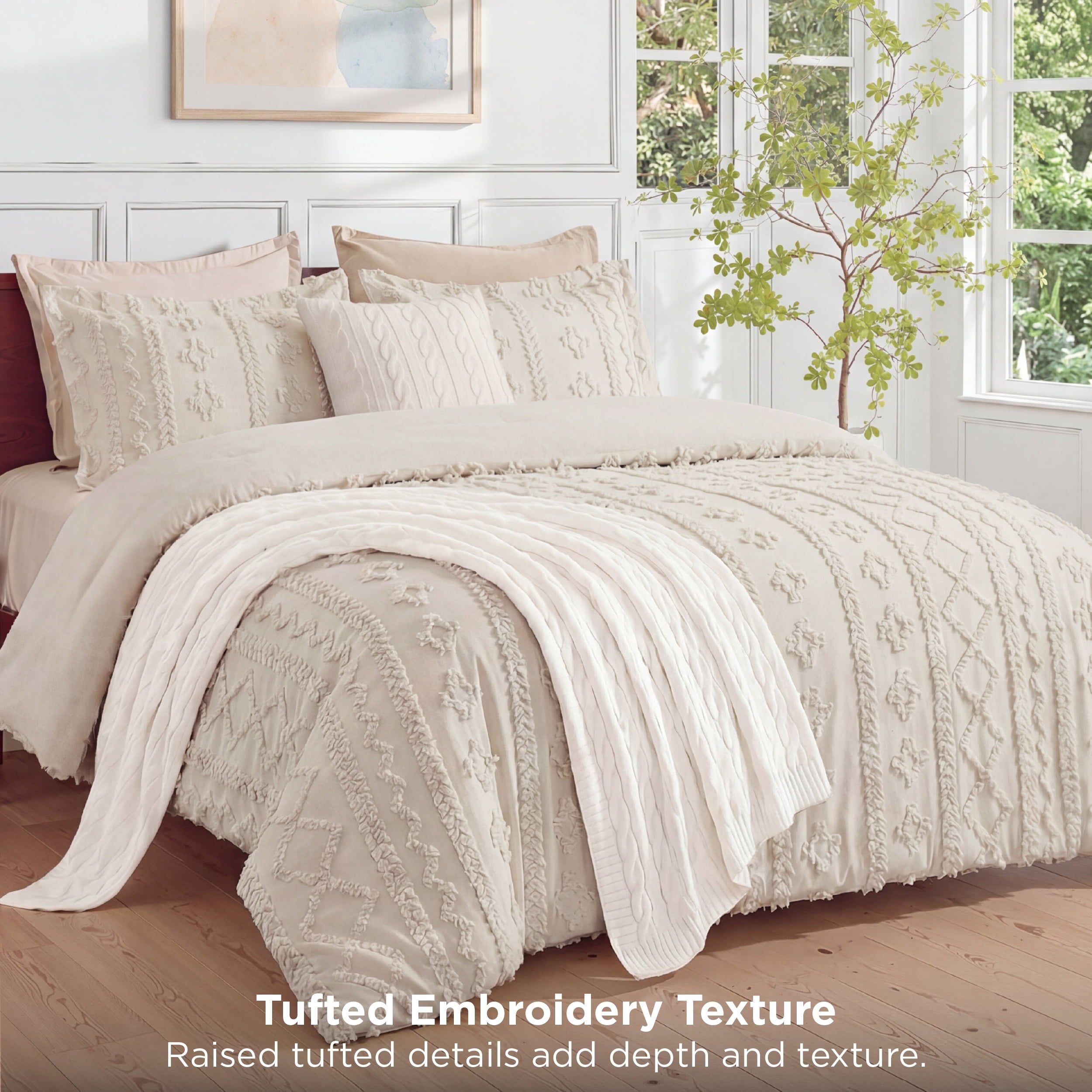 Tufted Boho Comforter Set Queen, Beige, 3 Pieces Farmhouse Shabby Chic Embroidery Bedding Set, Soft Jacquard Comforte... - Image 3