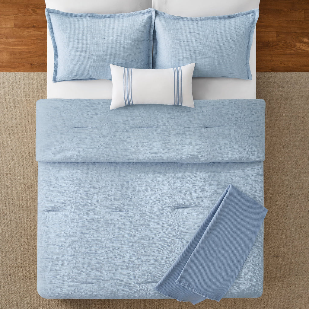 Full/Queen Comforter Set, All-Season, 5-Piece, Blue Matelasse Tonal Stripe - Image 2