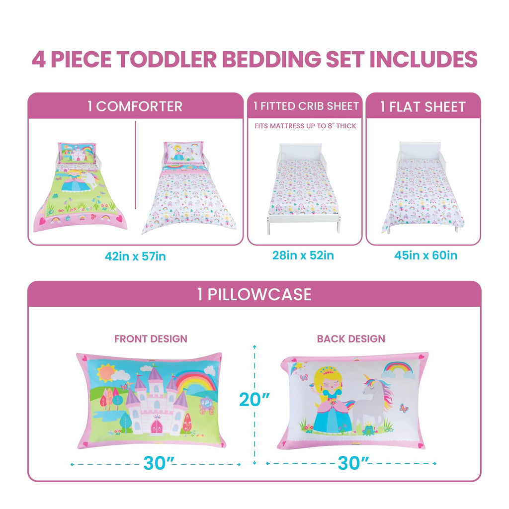 Princess Toddler Bedding Set for Girls - 4-Piece Toddler Bed Comforter Sets for Girls, Reversible Comforter & Pillowc... - Image 4