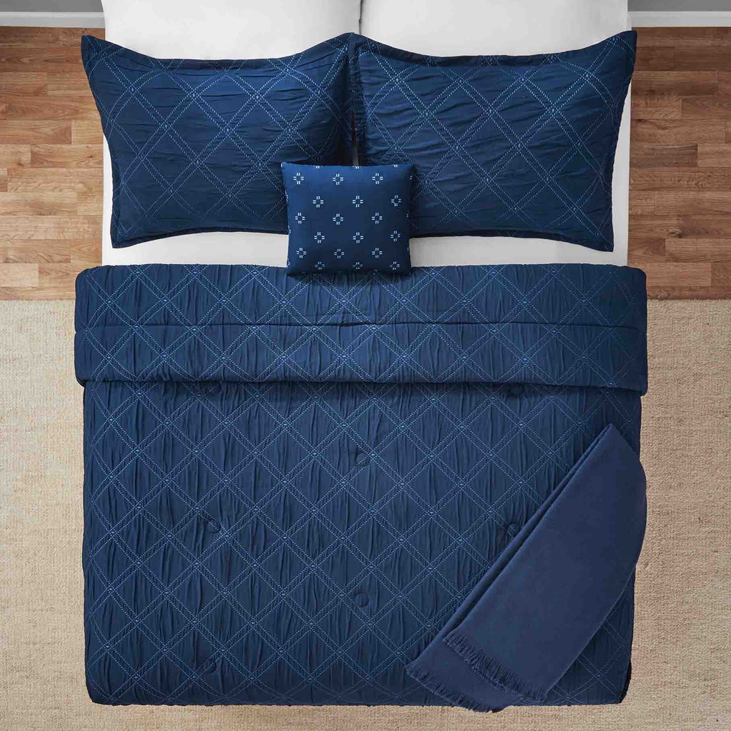 Mainstays 5-Piece Reversible Comforter Set Navy Cross Stitch Bedding with Decor Pillow and Throw, Full/Queen - Image 2