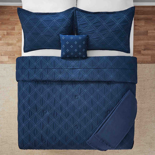 Mainstays 5-Piece Reversible Comforter Set Navy Cross Stitch Bedding with Decor Pillow and Throw, Full/Queen - Image 2