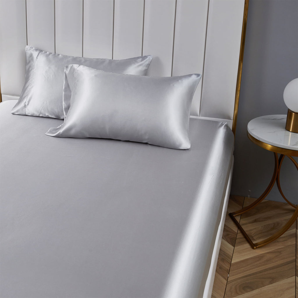 Satin Fitted Sheet King Size 14 Inch Deep Pocket Bed Sheet Silk Sheet Ultra Soft Machine Washable, Light Gray - Image 2