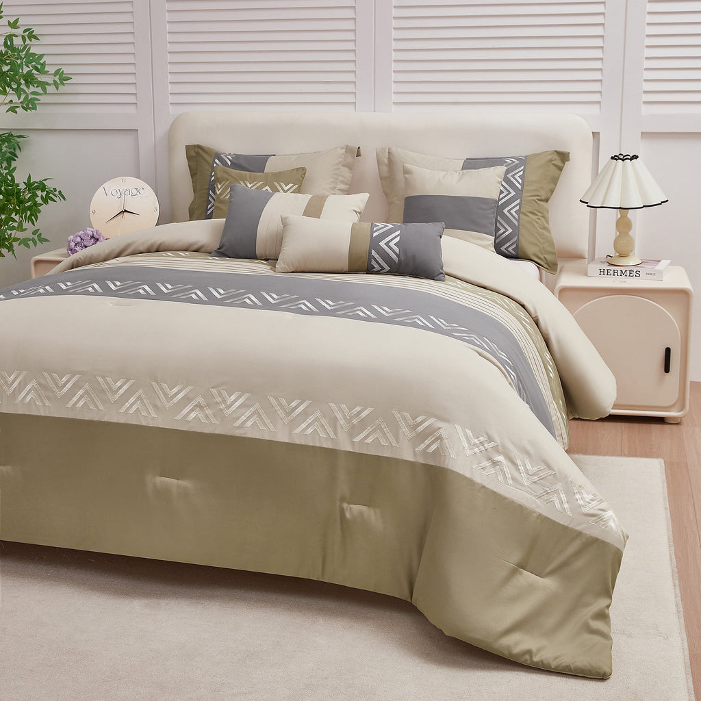 7 Piece Embroidery Design Bed-in-a-Bag, Taupe Queen Size Ultra Soft Comforter Set for Adults - Image 3