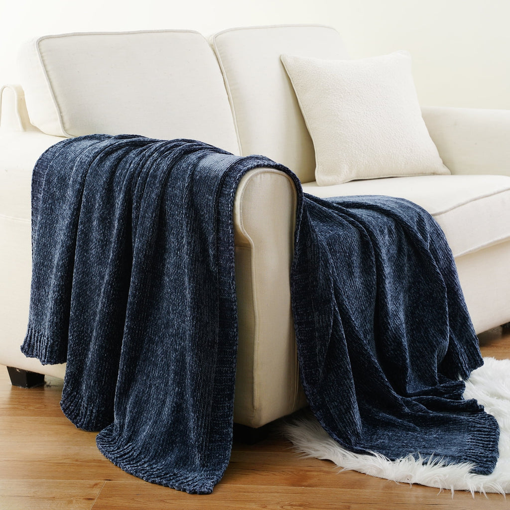Navy Blue Chenille Throw for Couch Bed,Soft Navy Knit Blanket, Housewarming Gifts, 51"x 67" - Image 5