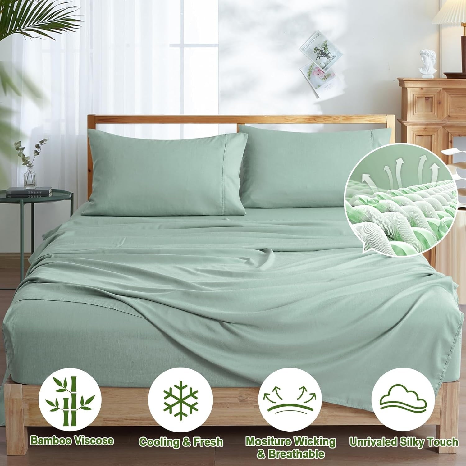 PHF Bamboo Bed Sheet Sets, 4 Pieces King Silky Soft Bedding Sheets, 1800 Thread Count 16 Inch Deep Pockets, Sage Green - Image 4