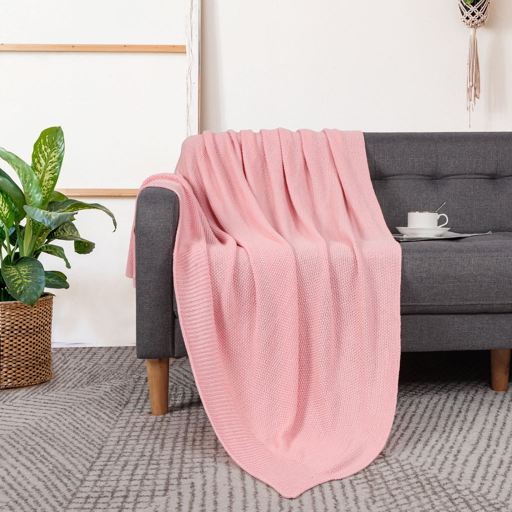 Pure Cotton Soft Cable Knit Throw Blanket Pink 50" x 70" - Image 2