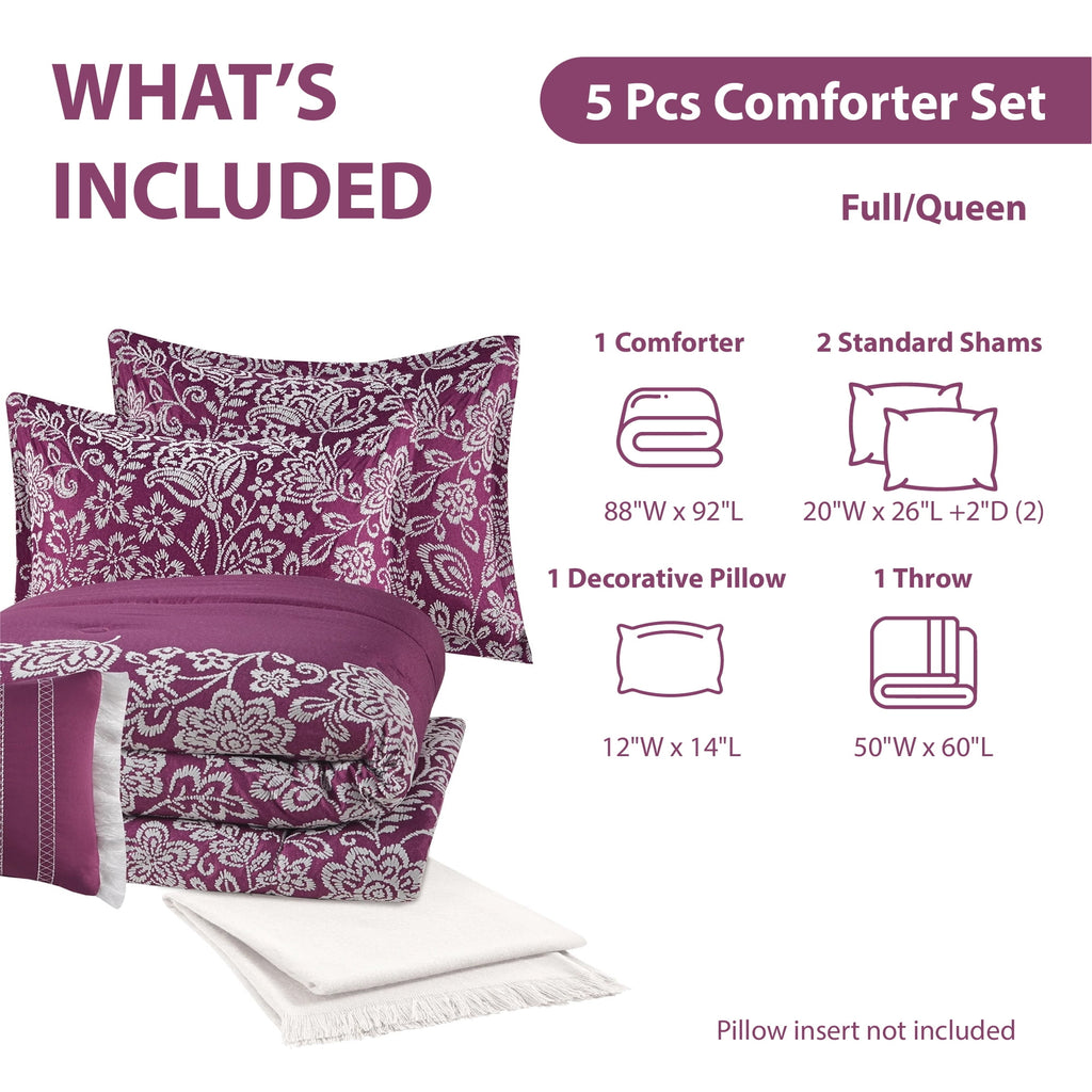 5-Piece Jacquard Comforter Set with Decor Pillow and Throw Purple Flocking Embroidery Bedding Set, Full/Queen - Image 4
