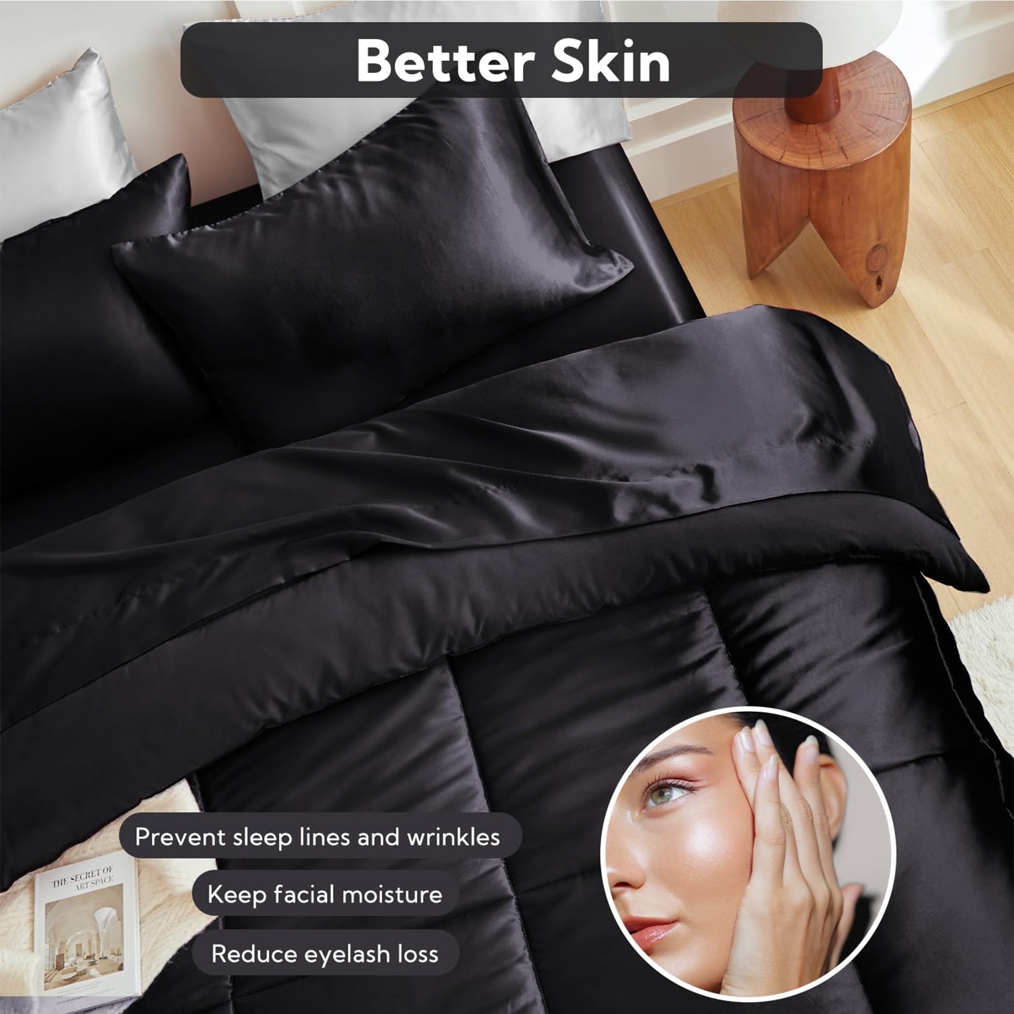 Reversible Satin Microfiber Comforter 3 Pieces Queen Size, Black Queen Comforter Set for All Seasons, Silky Soft Sati... - Image 2