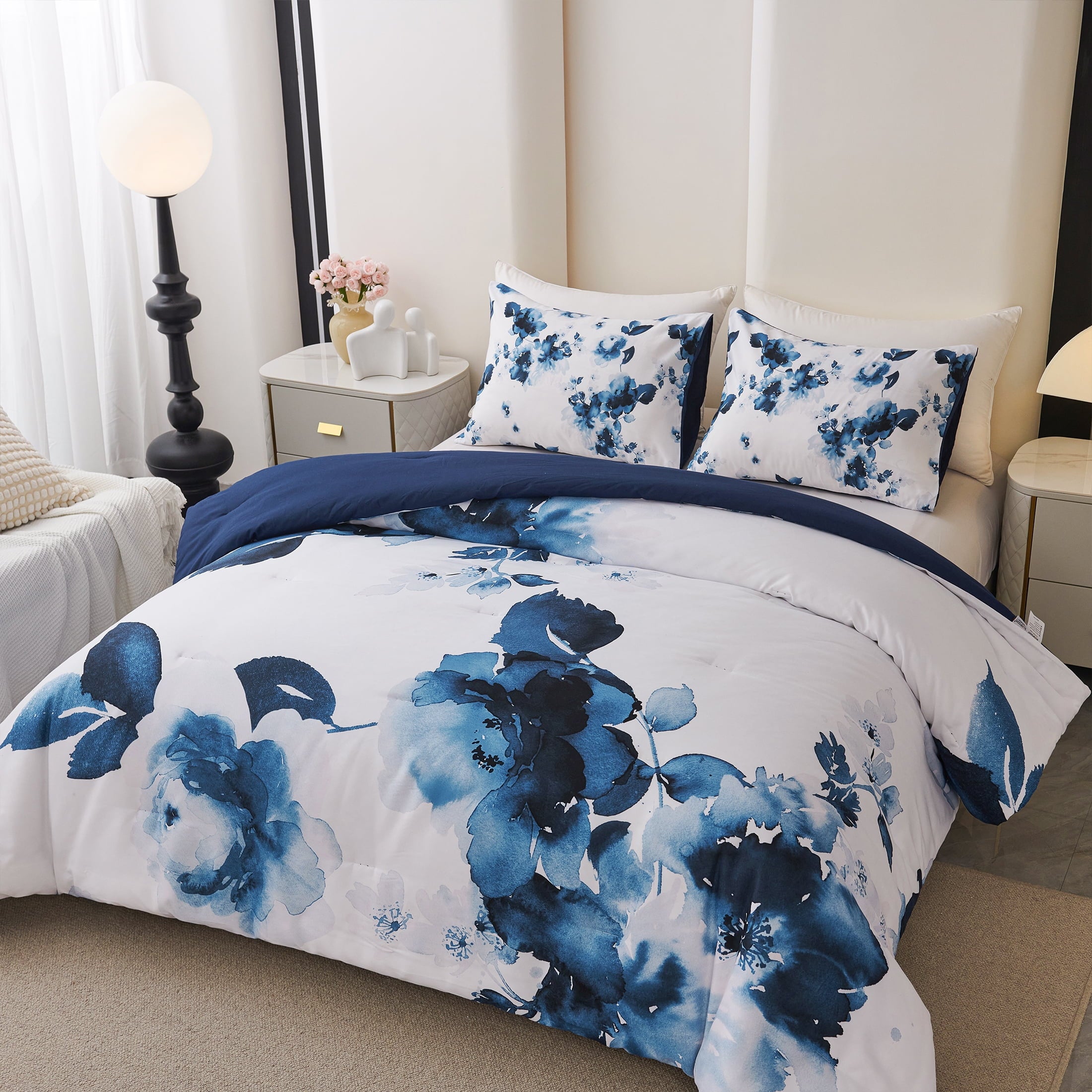3 Pieces Blue and White Floral Comforter Set King Size, Flower Bedding with Watercolor Flowers Pattern for Women, Rev... - Image 2