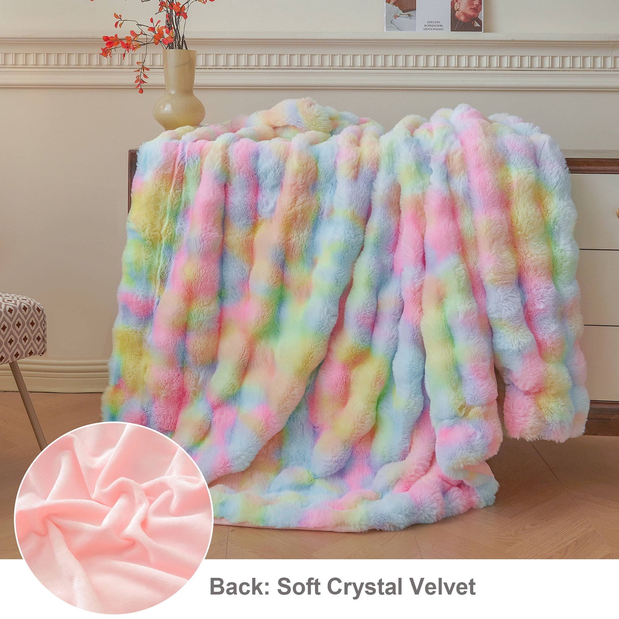 Fluffy Faux Rabbit Fur Bubble Throw, Rainbow Plush Shaggy Blanket for Couch Sofa Chair, Soft Tie Dye Furry Blanket Ad... - Image 3