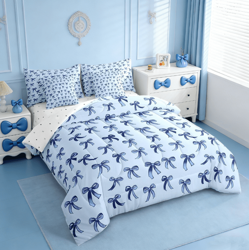 Cute Bowknot Twin Bedding Sets 7-Piece,Girls Ribbon Bow Bedding Comforter Set,Dreamy Blue Sheet Sets For Girls,Super ... - Image 3