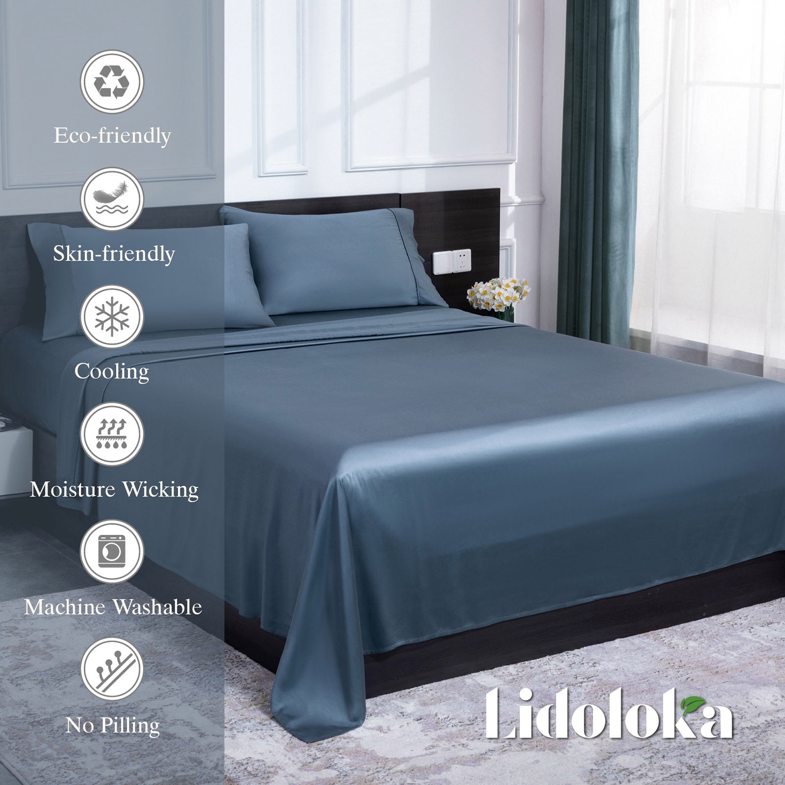 Luxury Bamboo Bed Sheets Set Full 4 Pcs for Adult,Soft&Cool,16" Deep Pocket,Blue Gray - Image 5