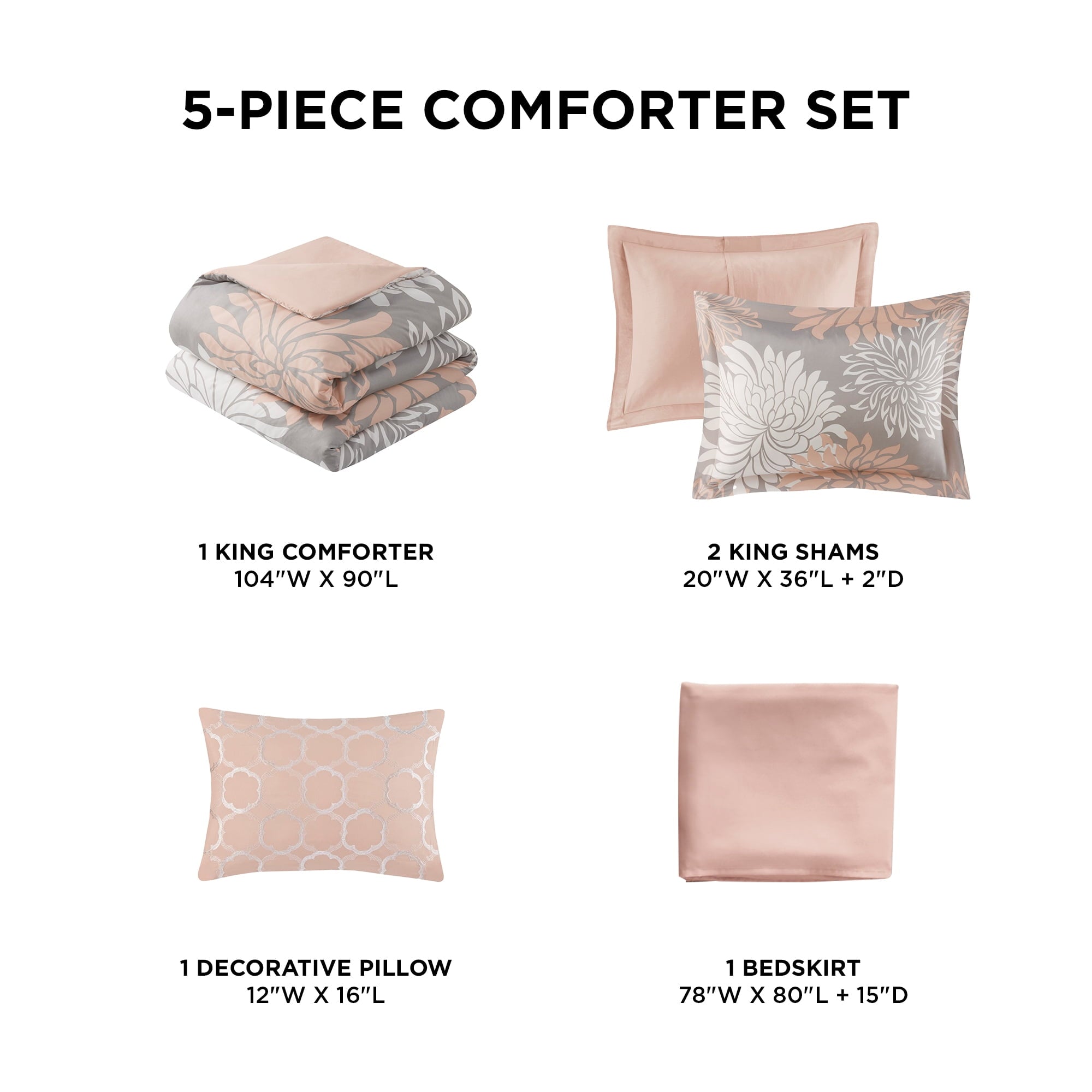 Regency Heights King Size Comforter Set, 5-Piece Floral Bedding Set for All Season, Blush Comforter Set King with Bed Skirt - Image 3