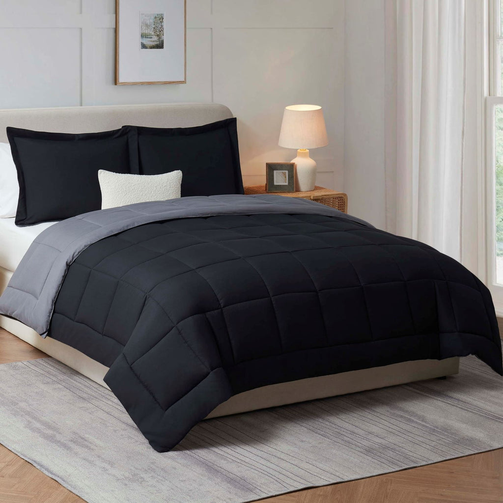 Queen Comforter Set, 3 Piece Bed in a Bag, Reversible Down Alternative Bedding Set, Black & Gray - Image 3