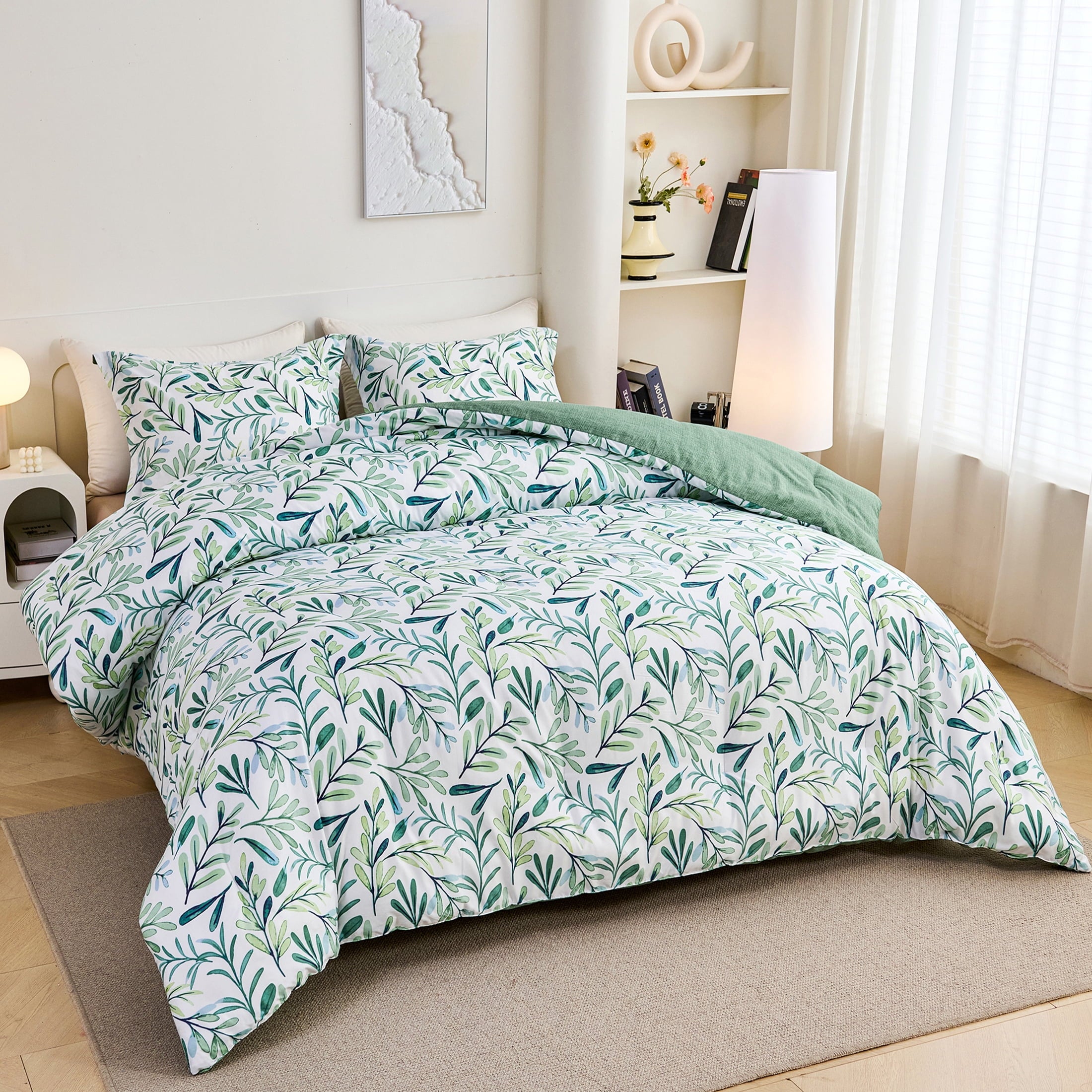 3-Piece Floral Comforter Set King Size, Green and White Botanical, Soft Microfiber All-Season Bedding for Adults & Teens - Image 2