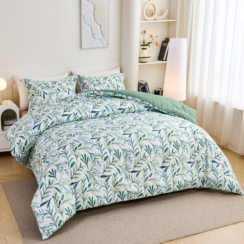 3-Piece Floral Comforter Set King Size, Green and White Botanical, Soft Microfiber All-Season Bedding for Adults & Teens - Image 2
