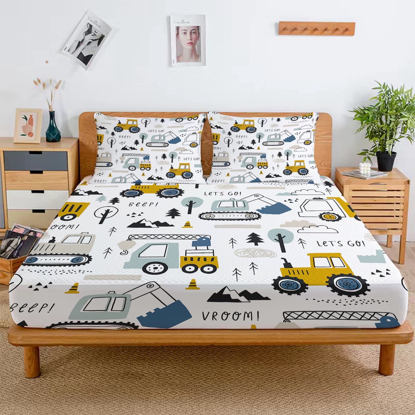 WASFDN Cartoon Excavator Sheet Set for Kids Boys Truck Construction Bedding Set Engineering Vehicle Bed Sheet Sets with 1 Fitted Sheet and 2 - Image 3