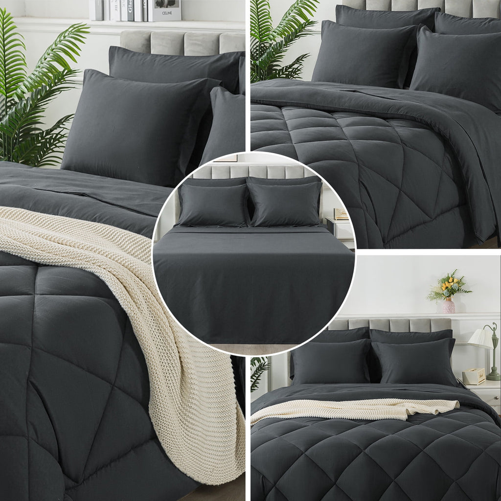 Queen Bed in a Bag Comforter Set with 7 Pieces - Dark Gray All Season Bedding Sets with Comforter, Pillow Shams, Flat... - Image 2