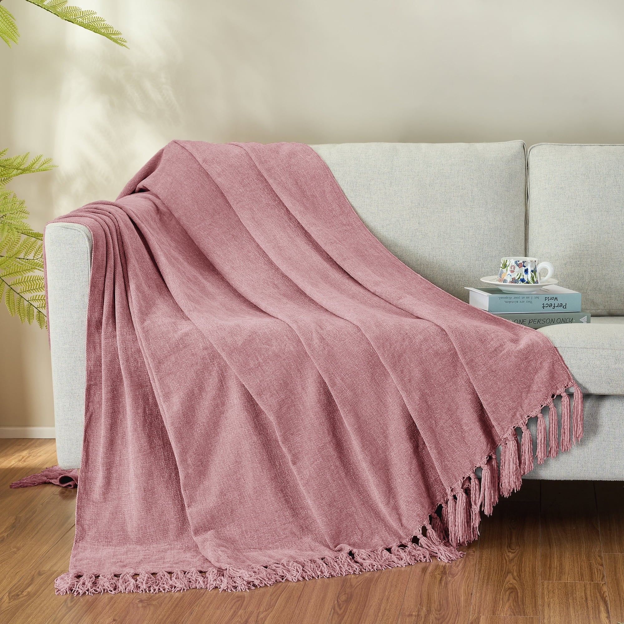 Chenille Throw Blanket with Fringe Tassel for Couch Sofa Chair Bed, Mauve 50" X 70" - Image 2