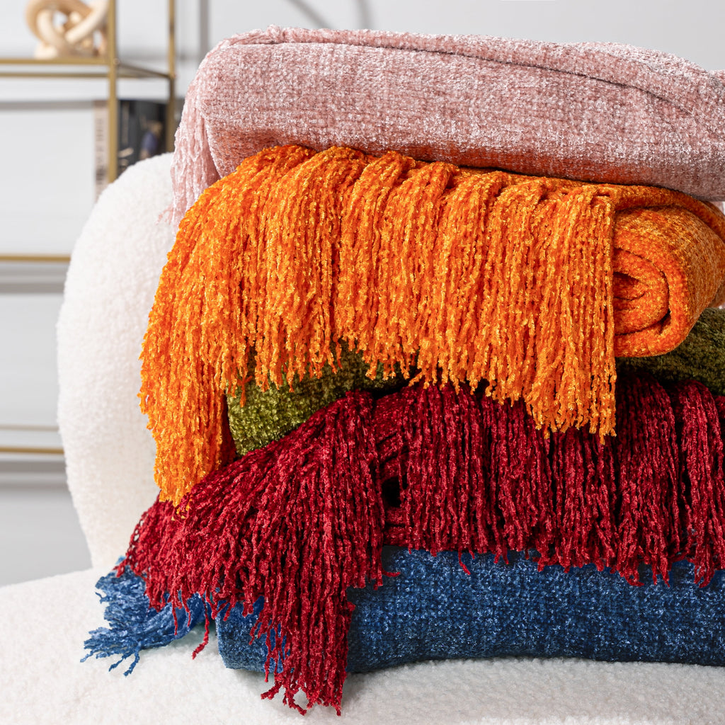 PAVILIA Mustard Yellow Chenille Throw Blanket for Couch, Soft Gold Knit Blanket with Tassel Fringe, Woven Chenille Knitted Decorative Blanke - Image 5