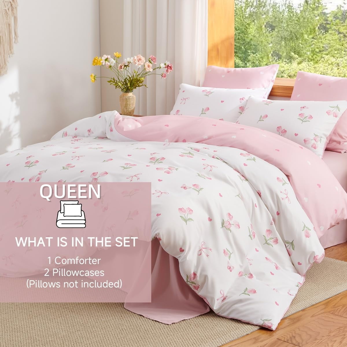 Pink Tulip Queen Comforter Set, 3-Piece Pink Flowers Reversible Soft Bedding Set or Adults All Season - Image 4