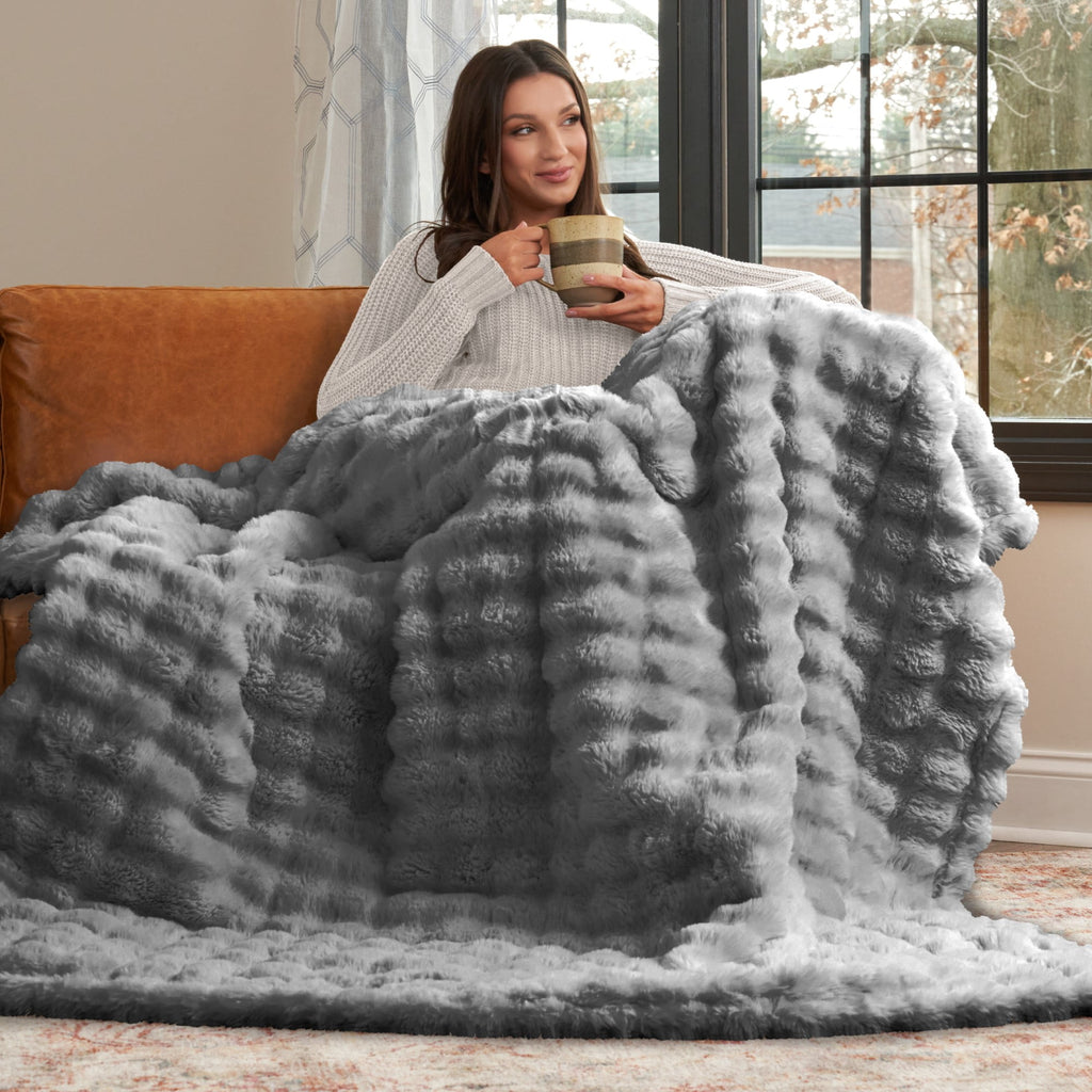 Serenade Gray Textured Faux Fur Throw Blanket, 50 x 70 - Image 2