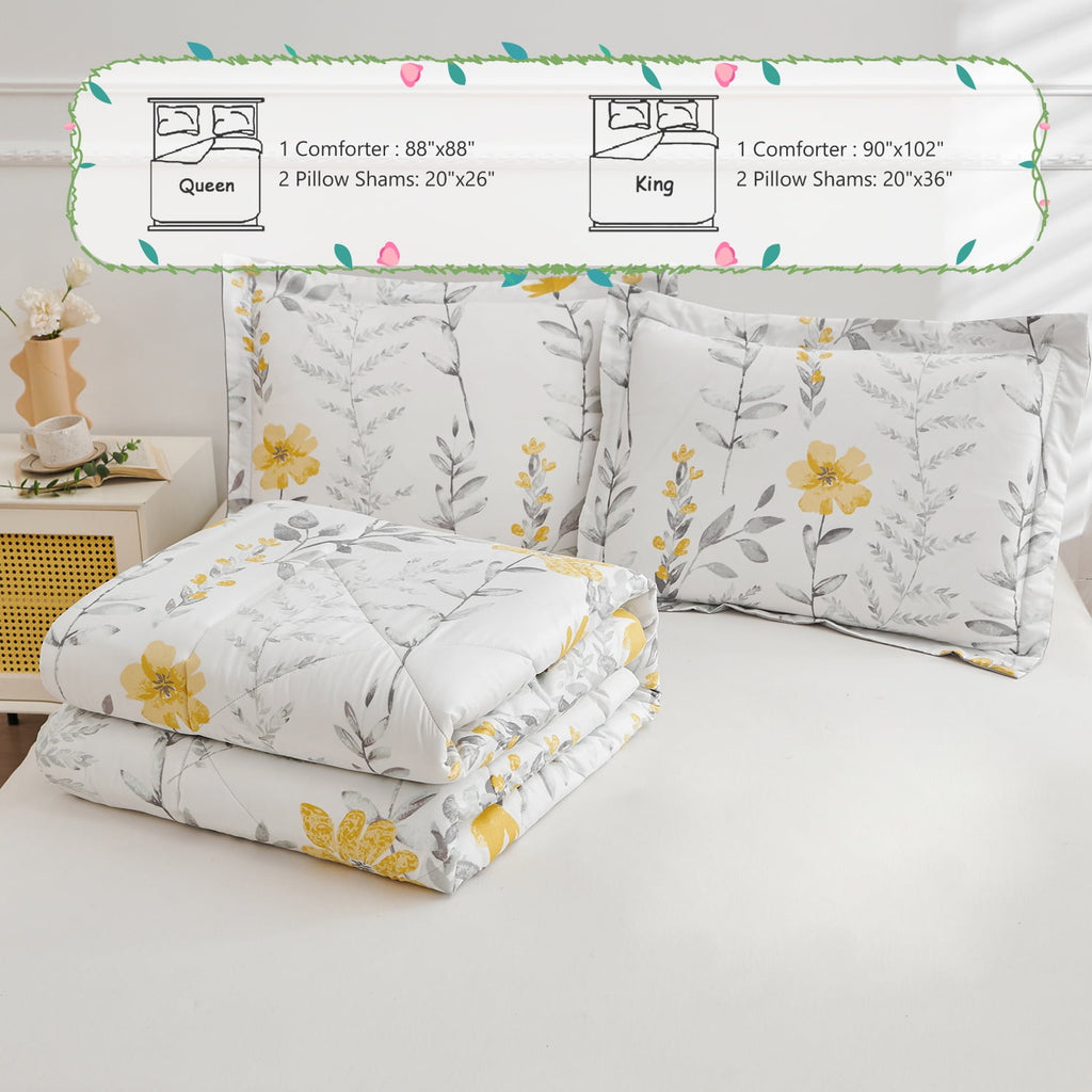 Jessy Home 3 Piece Comforter Set Queen Yellow Floral Quilt Microfiber Patchwork Bedspread - Image 5