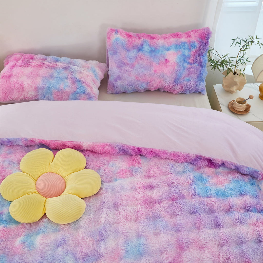 Faux Rabbit Fur Comforter Set Twin 3Pcs Girls Blue Purple Bedding Set Tie-Dyeing Soft Bed Comforter Set Warm Fuzzy Ki... - Image 2