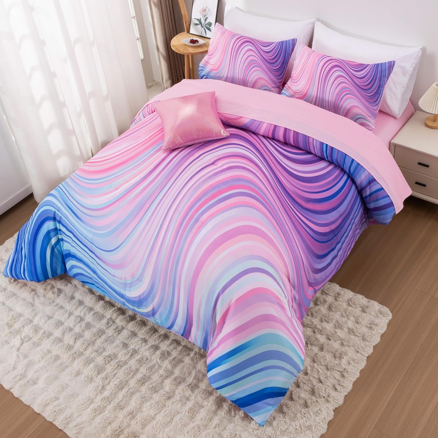 6 Pieces Gradient Star Ring Comforter Set, Colorful Glitter Rainbow Wave Stripes Pattern Bedding Set for Boys Girls T... - Image 2