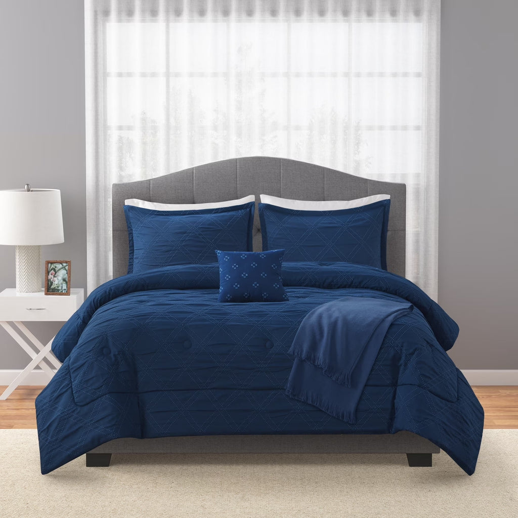 Mainstays 5-Piece Reversible Comforter Set Navy Cross Stitch Bedding with Decor Pillow and Throw, Full/Queen - Image 3