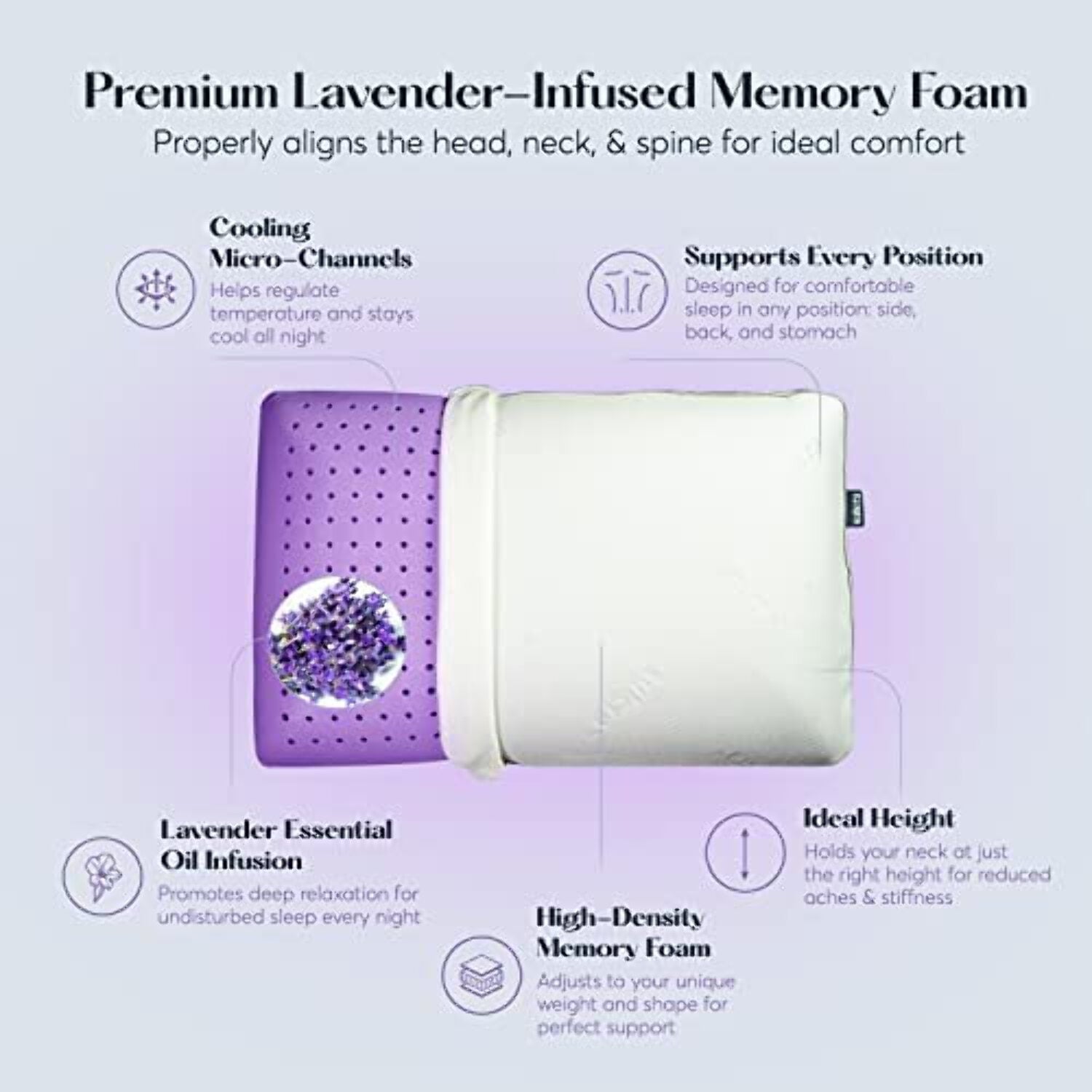 Plush Zen Bed Pillow, Lavender Scented Cooling Adaptive Memory Foam Queen - Image 6